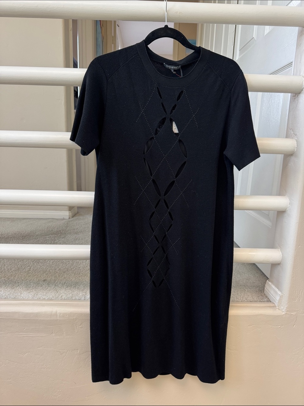 STRENESSE Black Short-Sleeve Midi Dress with Center Cutout Detailing